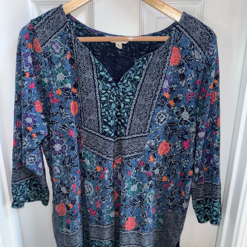 Lucky Brand Blouse 3/4 Sleeve Flowy Womens 1X Blue Purple Floral Boho Peasant